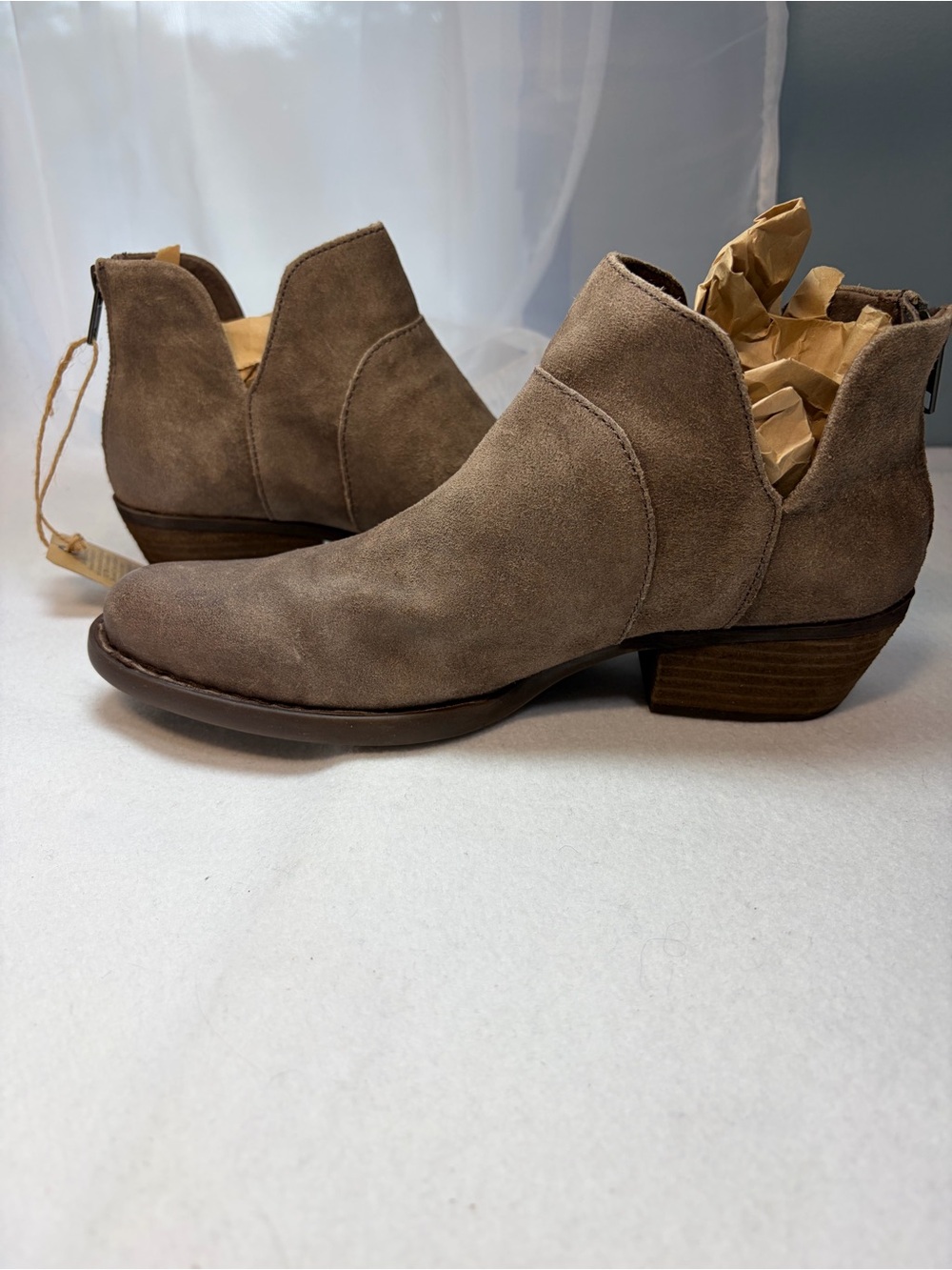 Sz 8 BornWomen's Taupe Suede Ankle Booties - 1.5” Block Heel